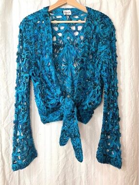 Chico's Size 1 Teal Blue Open Knit Tie-Front Cardigan Sweater#unique #stylish